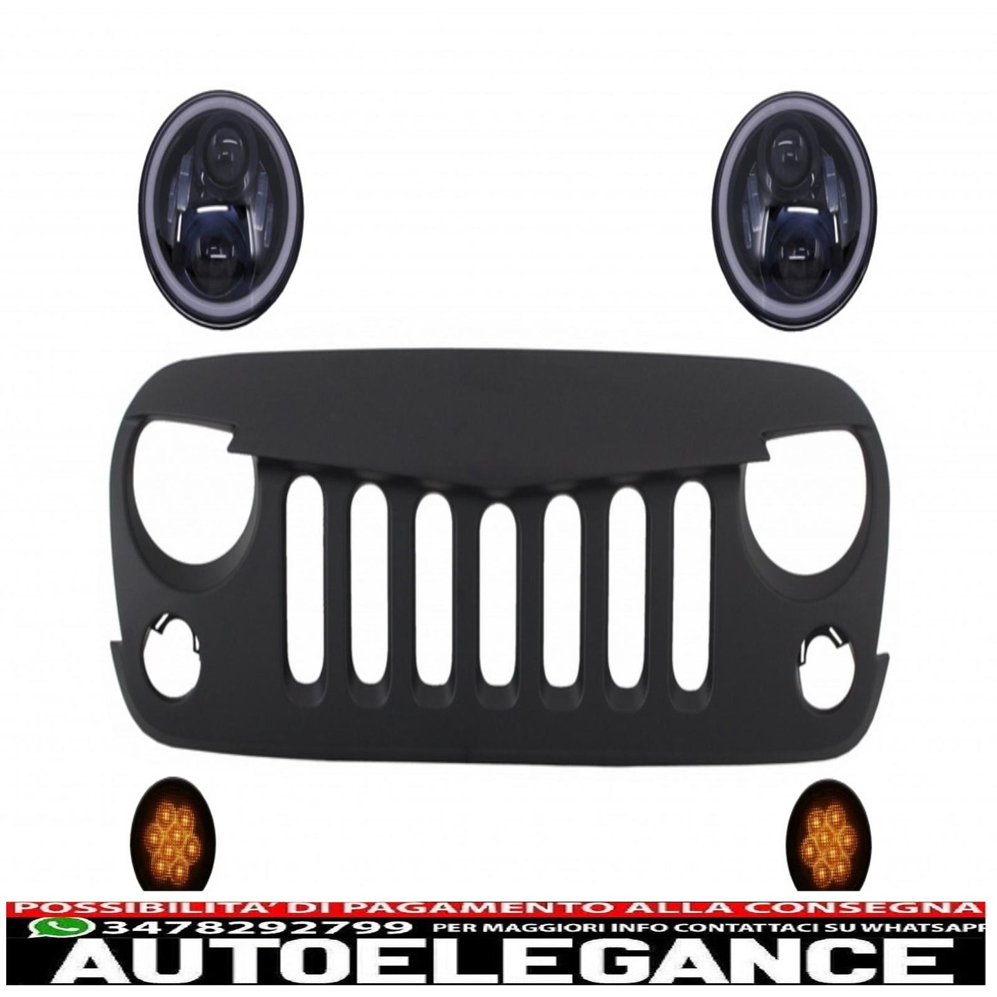 Front Grille with Cree Angel Eye LED Headlights and Turn Signals Fit for Jeep Wrangler Rubicon JK 2007-2017 