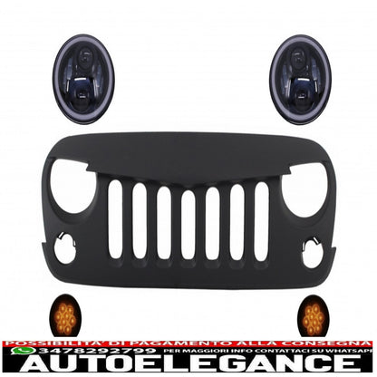 Front Grille with Cree Angel Eye LED Headlights and Turn Signals Fit for Jeep Wrangler Rubicon JK 2007-2017 