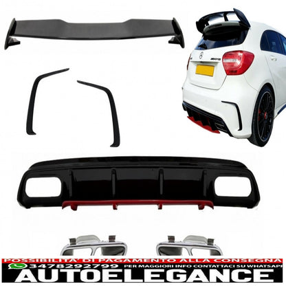 diffusore posteriore e terminale di scarico cromato con alette splitter e spoiler sul tetto adatto per mercedes classe a w176 (2012-2018) a45 restyling design edizione rossa