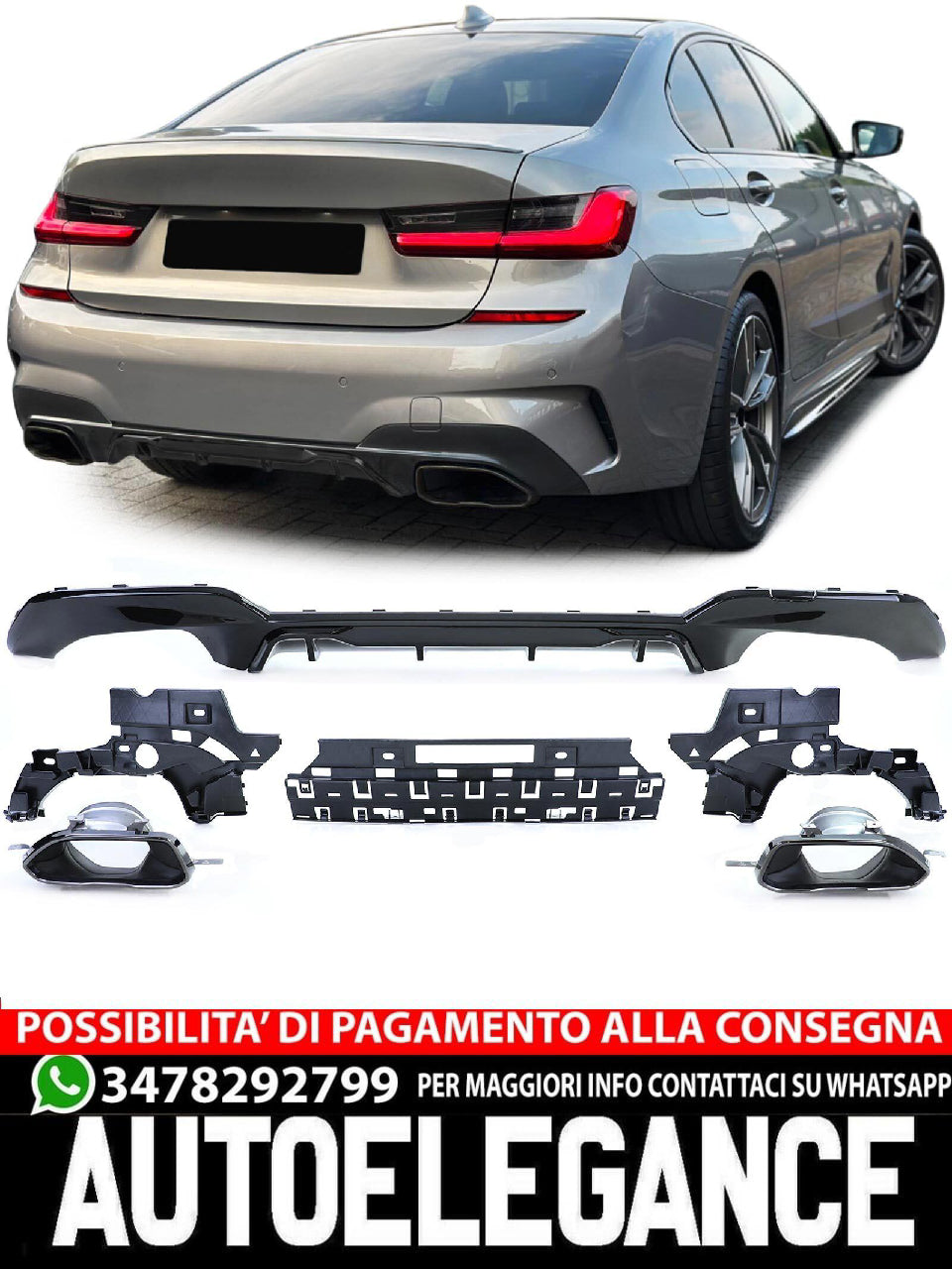 Diffusore Posteriore Sportivo Lucido + Terminali di Scarico 340 Look adatto per BMW Serie 3 G20 G21 320 330