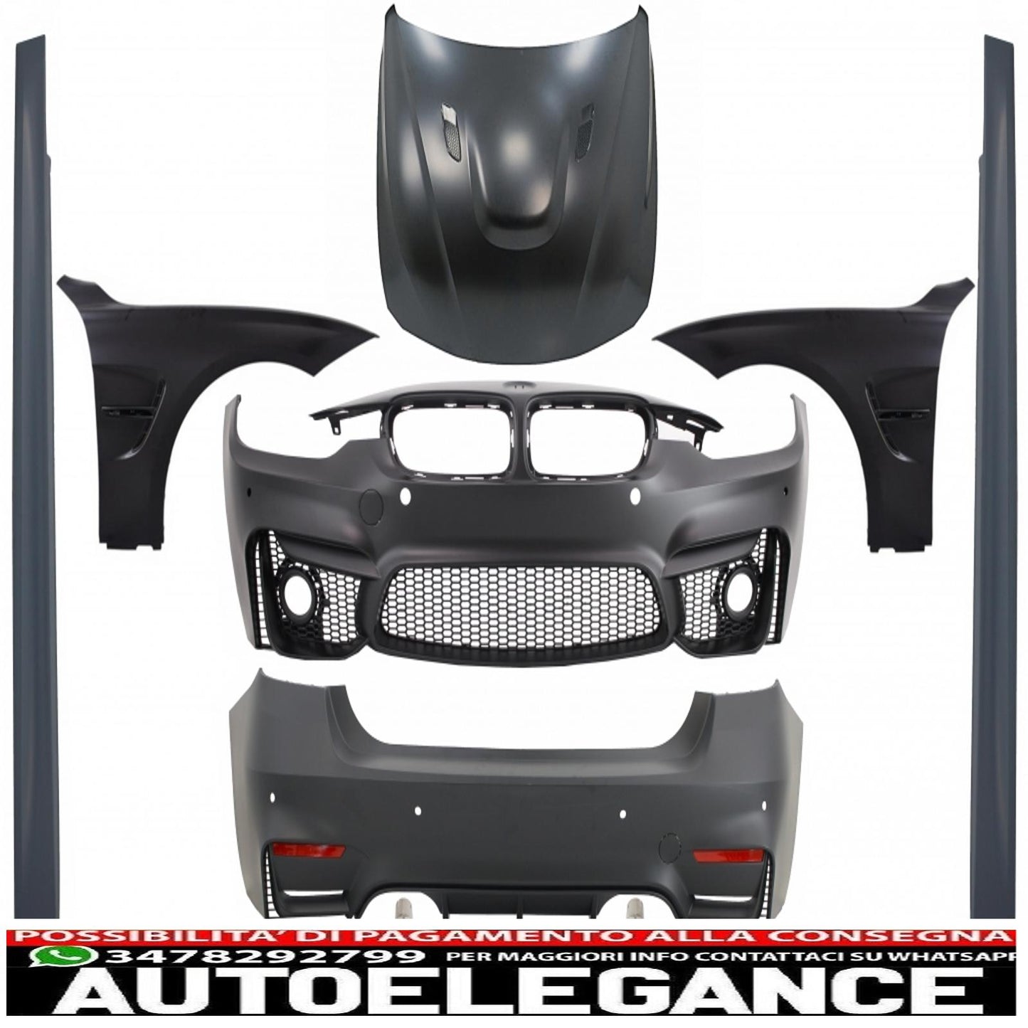 body kit suitable for bmw 3 series f30 (2011-2019) evo ii m3 cs design with black front fenders and carbon bonnet and muffler tips