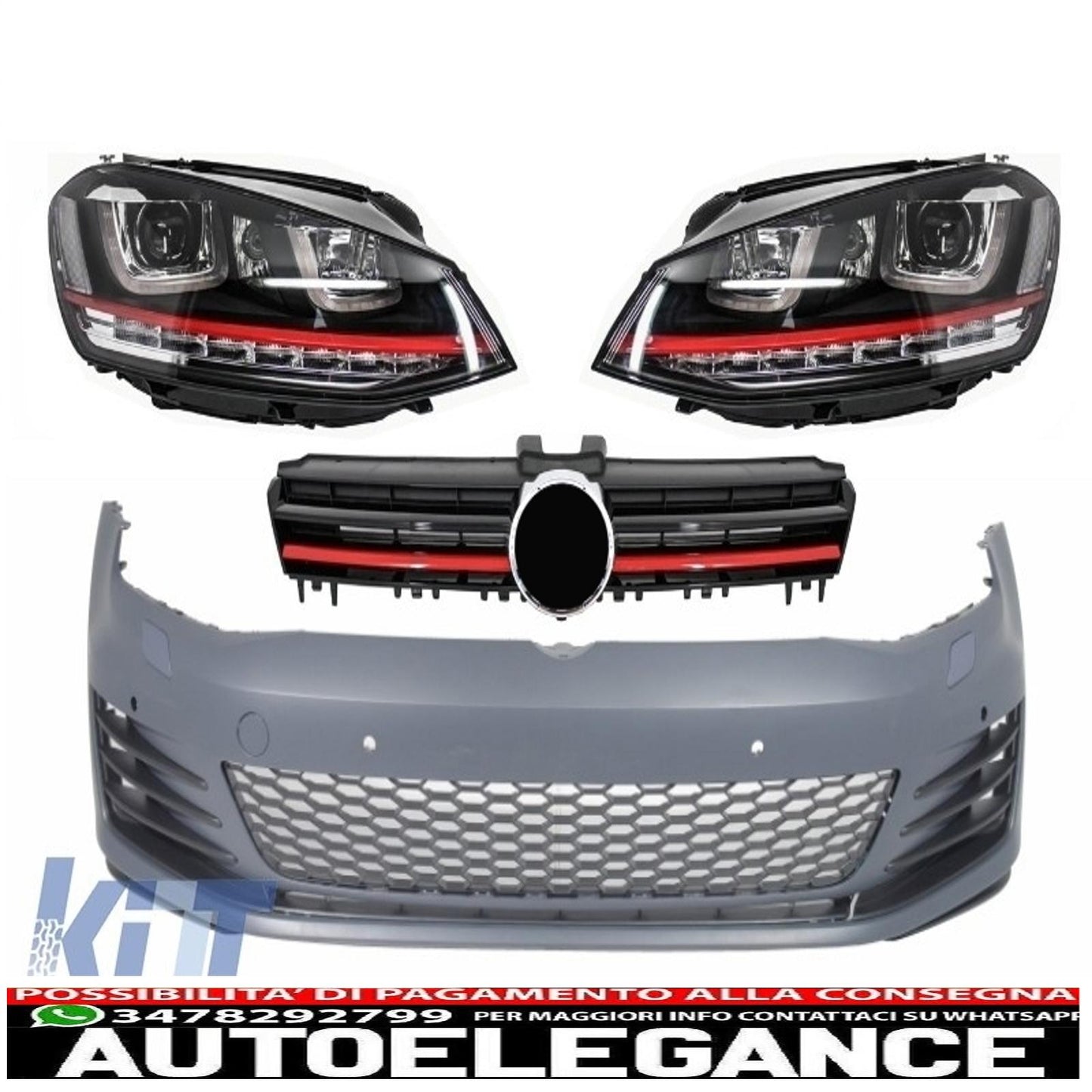 Front bumper suitable for vw golf vii golf 7 from 2013 onwards gti look with 3d led red headlights drl direction indicators and grille 