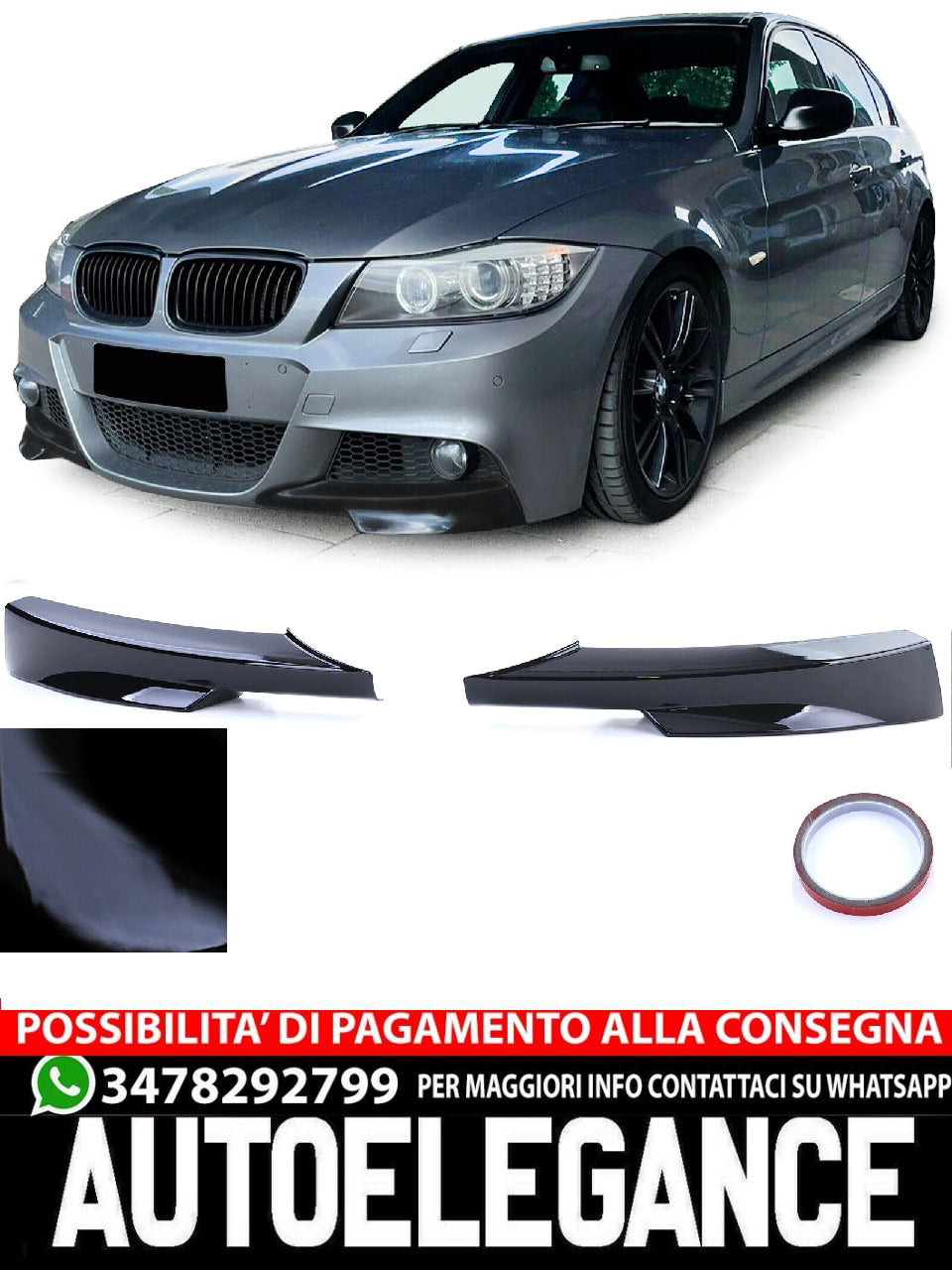 Splitter angolare spoiler anteriore nero lucido compatibile per BMW Serie 3 E90 E91 08-12