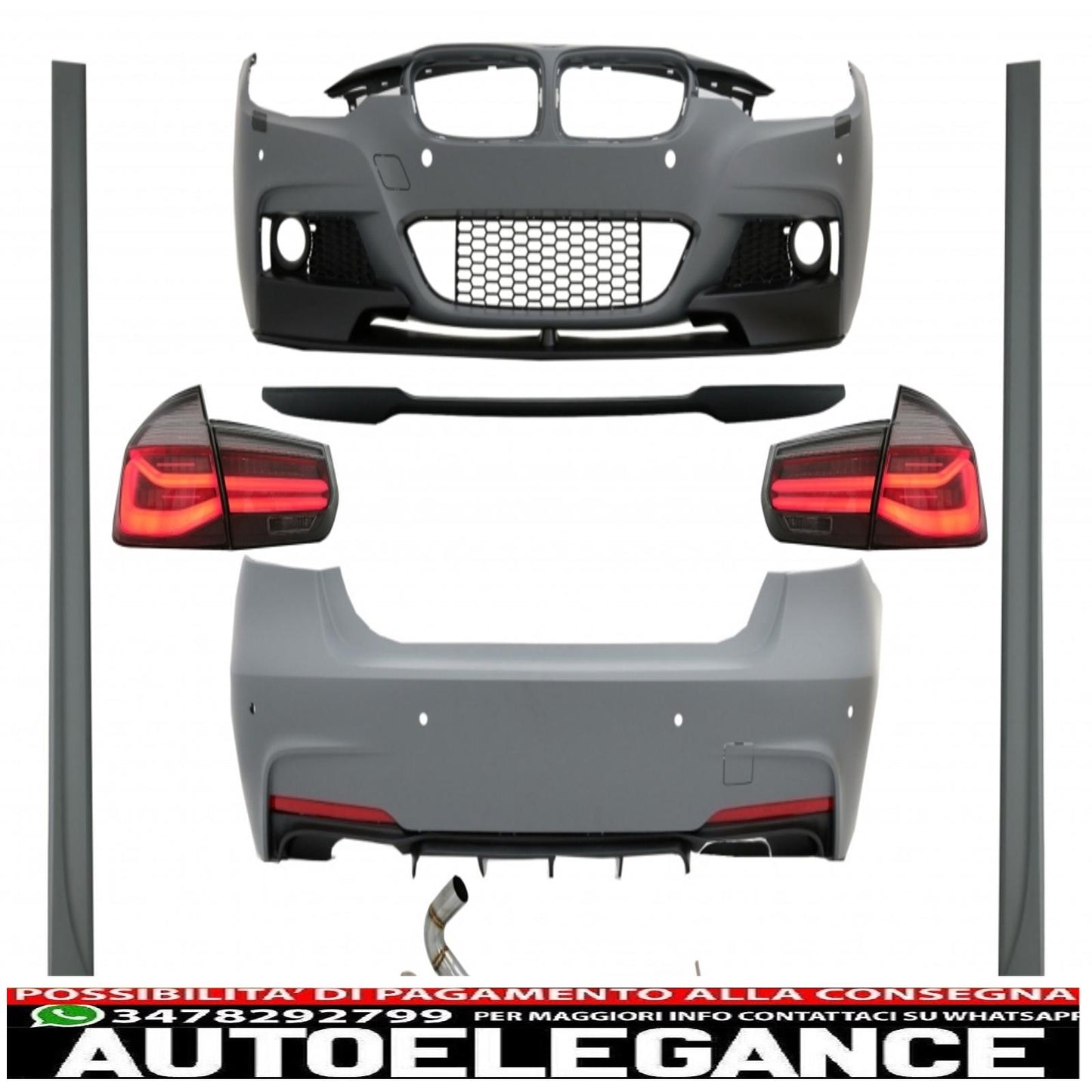 complete body kit suitable for bmw 3 series f30 (2011-2019) m-performance design with trunk spoiler and dynamic red smoke led rear lights