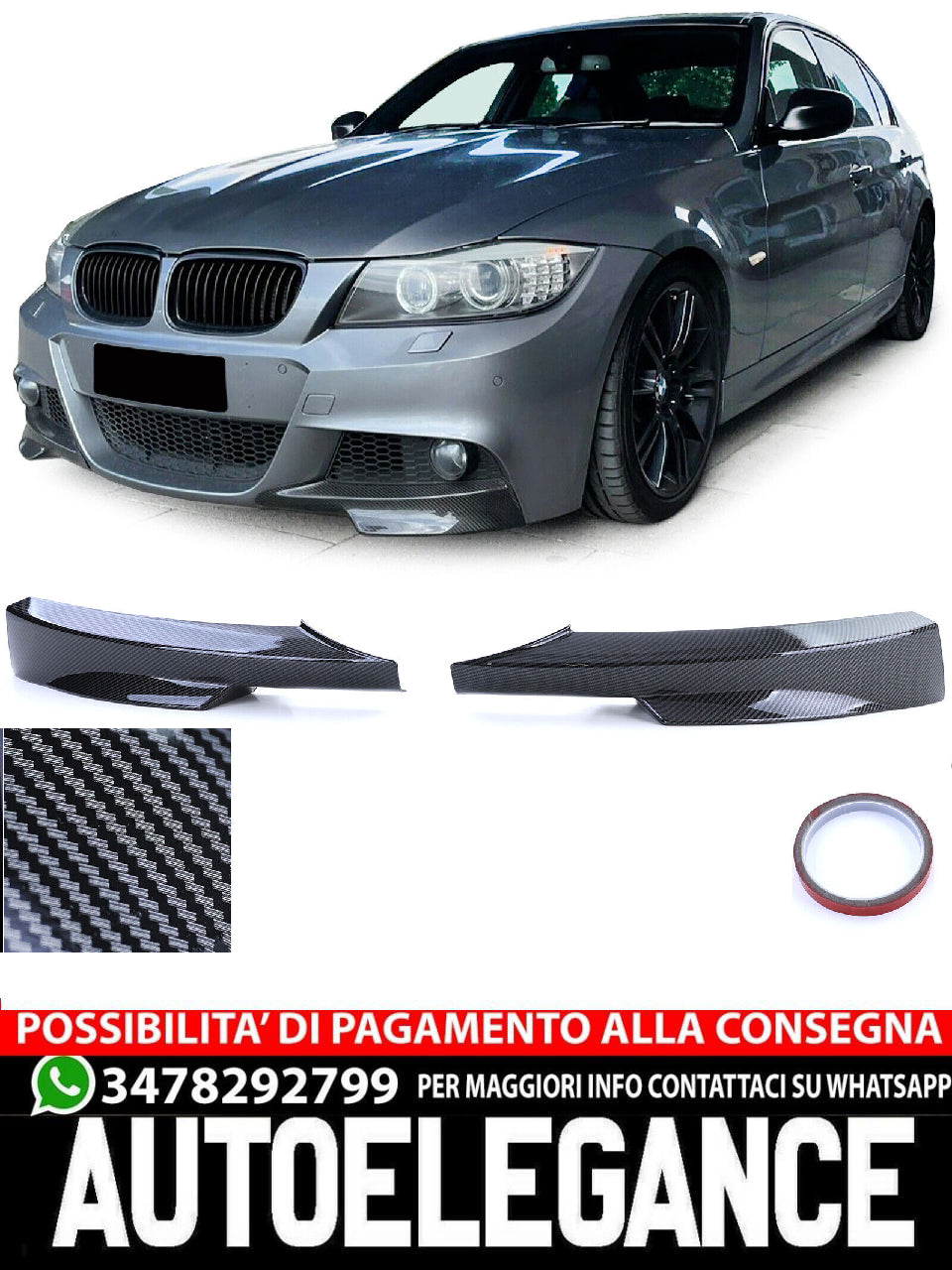 Spoiler Anteriore Angoli Flaps Splitter Carbon Look adatto per BMW Serie 3 E90 E91 08-12