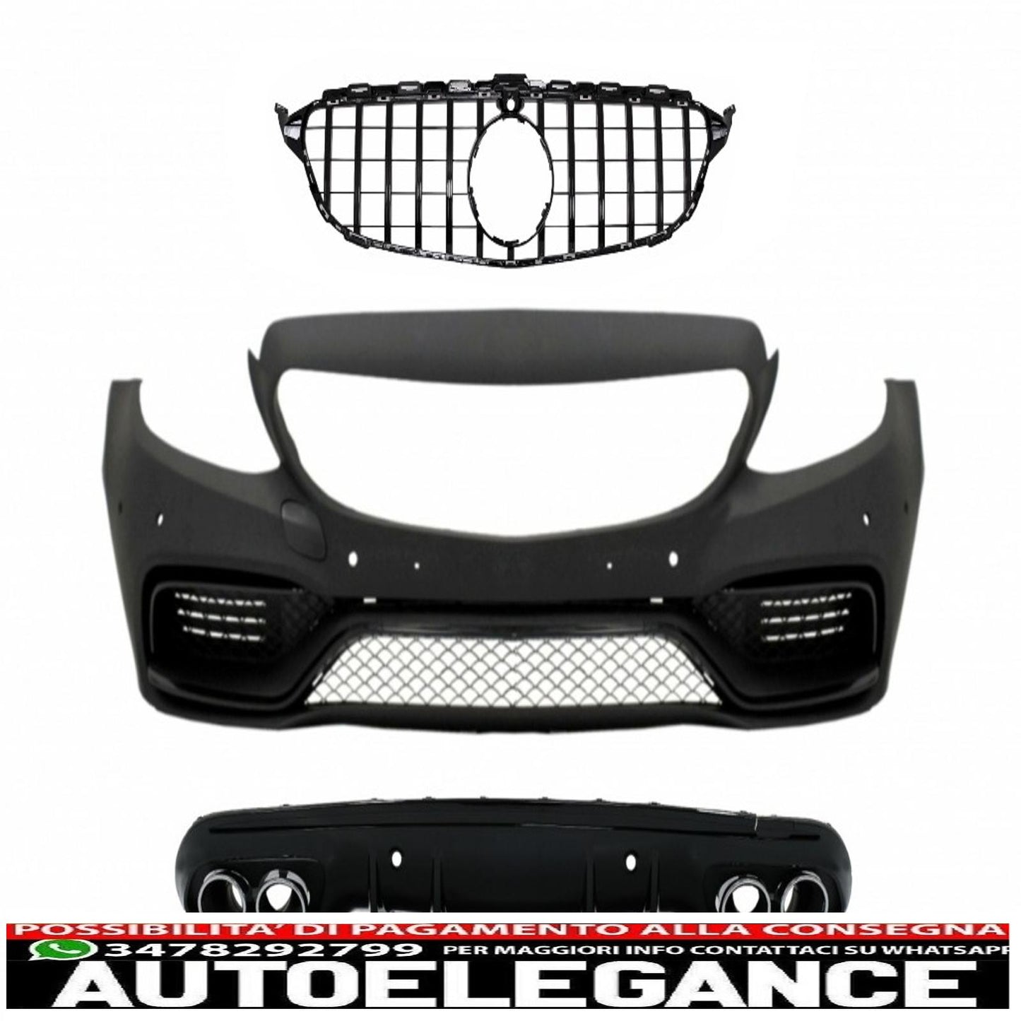 Front bumper suitable for mercedes c class w205 s205 amg sport line (2014-2018) with grille and diffuser chrome exhaust tips design c63