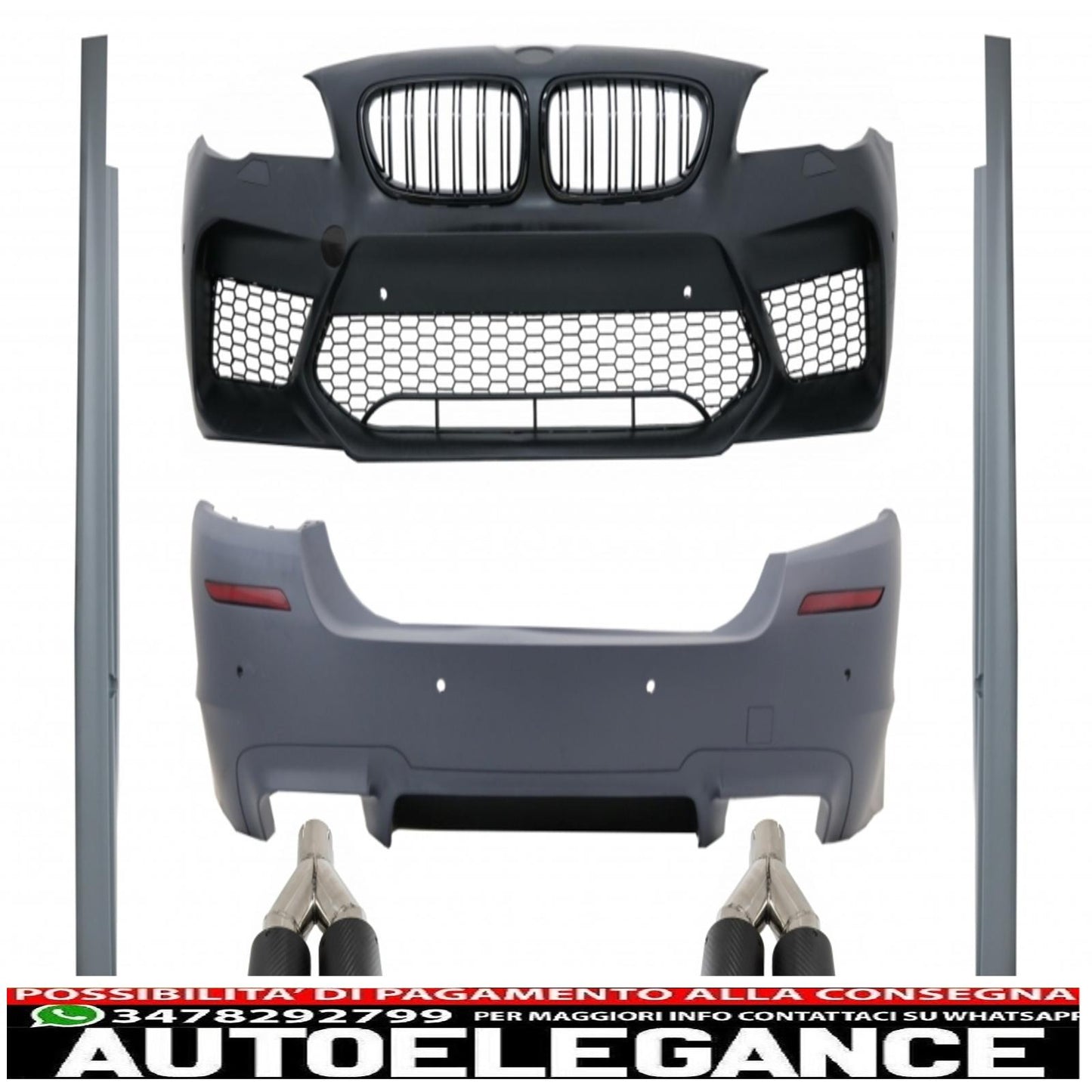 kit carrozzeria adatto per paraurti BMW serie 5 F10 (2011-2017) con minigonne laterali e doppi terminali di scarico doppi in fibra di carbonio design M5