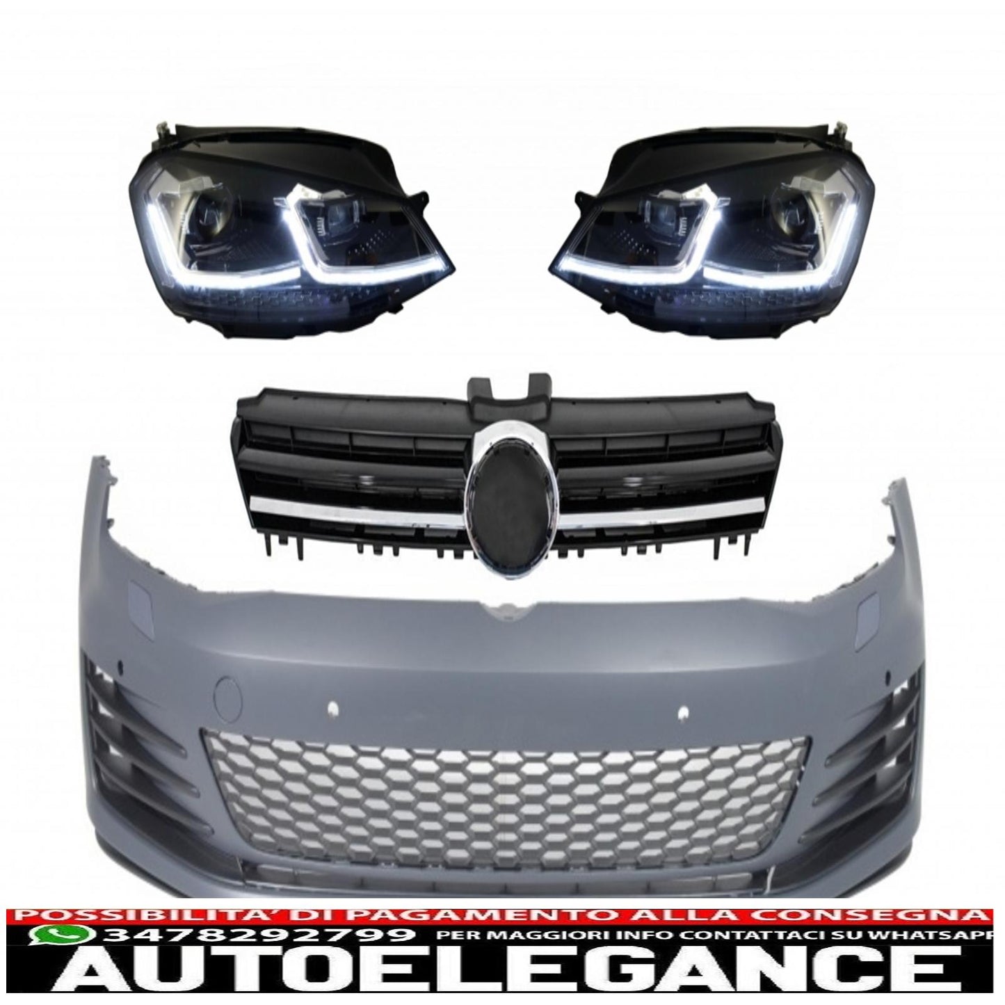front bumper with led headlights dynamic sequential cornering lights and chrome inserts on the grille suitable for vw golf vii 7 5g (2013-2017) gti look 