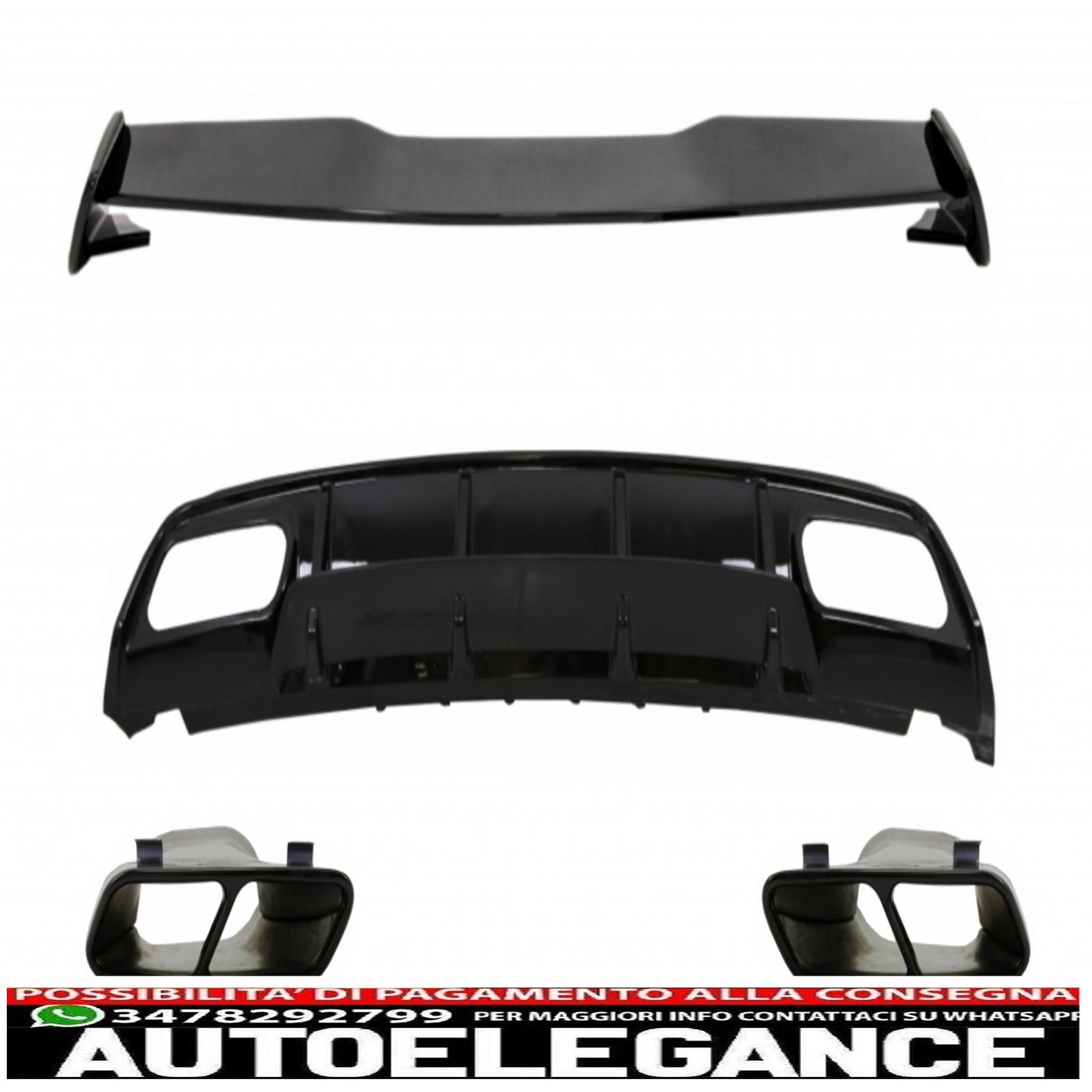 Diffusore posteriore con mantovana adatto per Mercedes W176 Classe A (2012-2018) con terminali di scarico e spoiler sul coperchio del bagagliaio A45 Design Facelift Black Edition