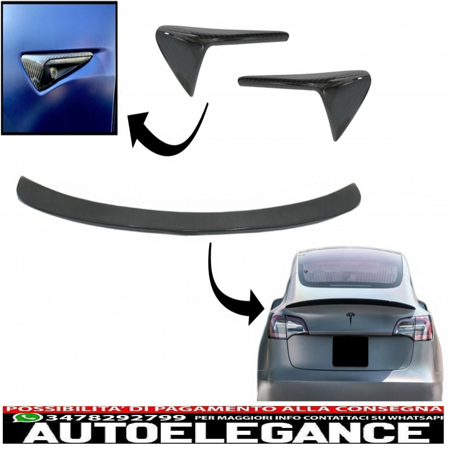 Trunk Spoiler with Turn Signal Covers, Side Marker Lights, Suitable for Tesla Model 3 (2017-up), Real Carbon