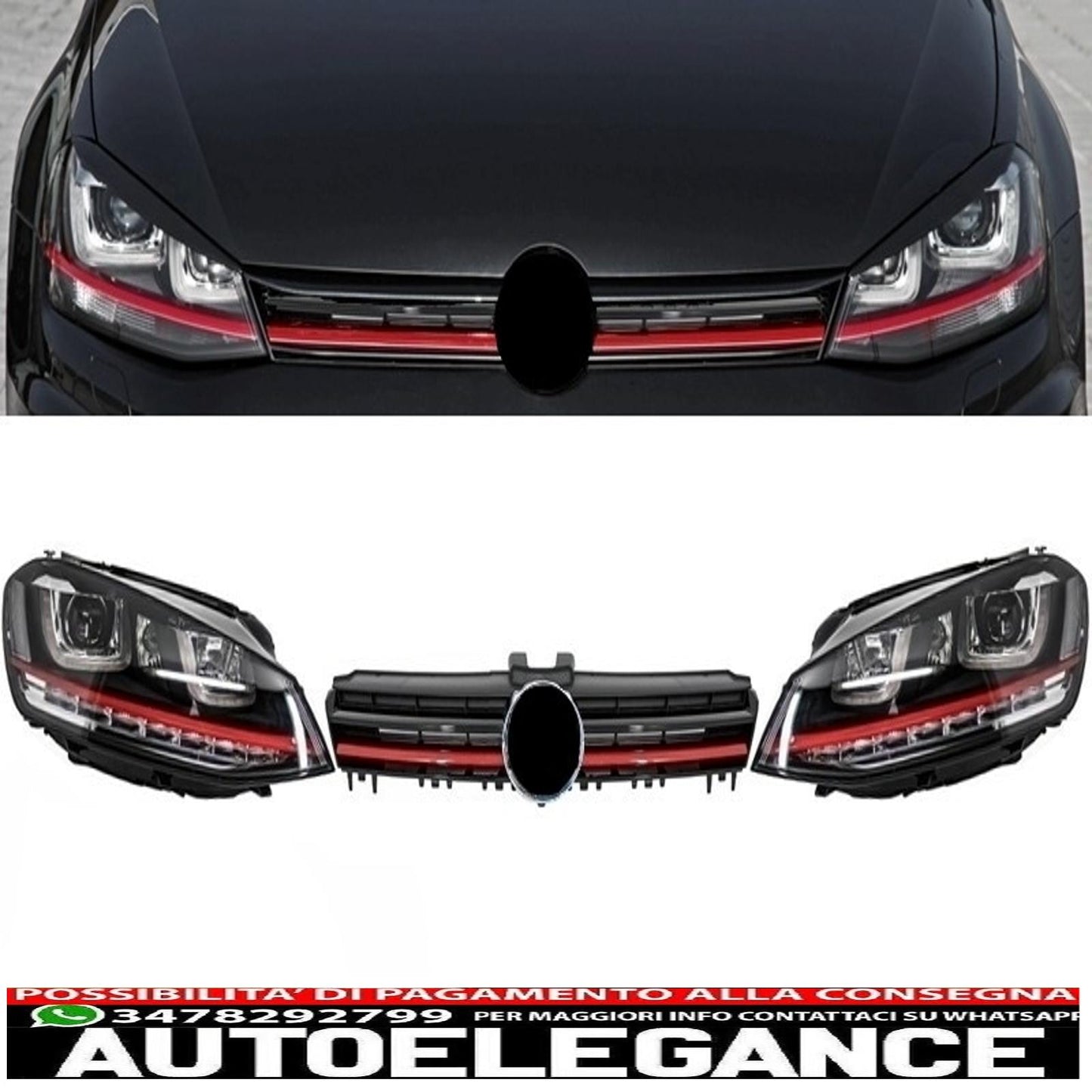 3d led assembly headlights dynamic sequential turn signals fluid drl with grille suitable for vw golf 7 vii (2012-2017) red r20 gti look