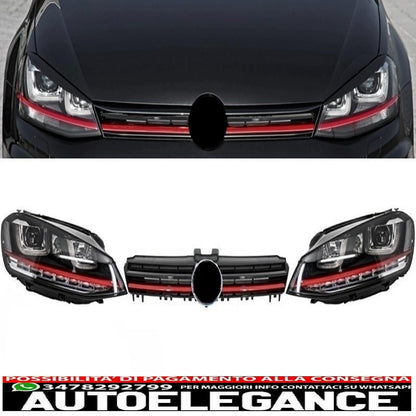 3d led assembly headlights dynamic sequential turn signals fluid drl with grille suitable for vw golf 7 vii (2012-2017) red r20 gti look