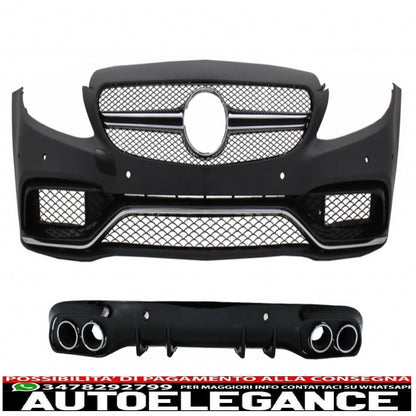 Paraurti anteriore con diffusore doppia uscita e terminali di scarico adatti per mercedes classe c c205 coupe a205 cabriolet (2014-2019) design c63