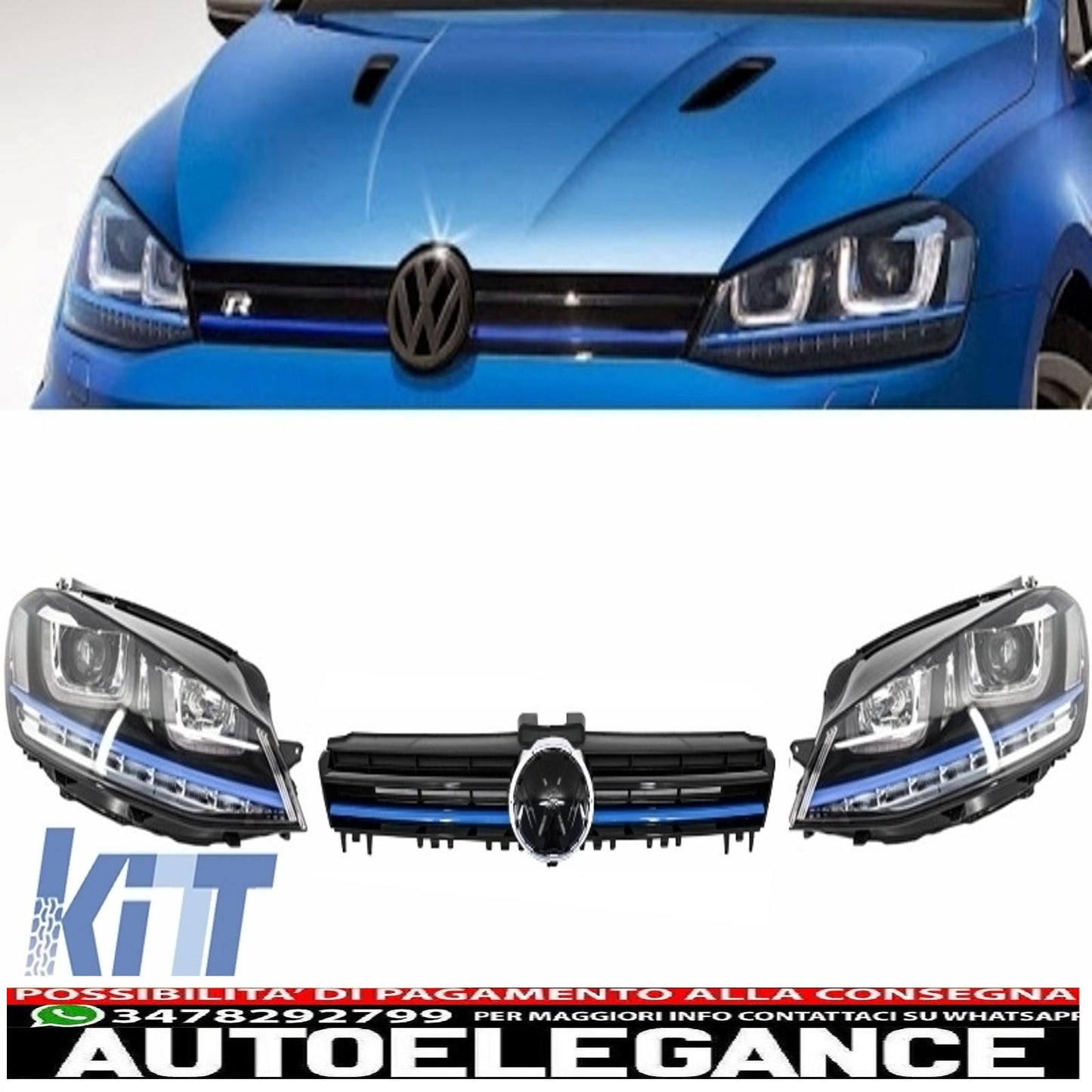 3d led headlight assembly drl turn signal with grille suitable for vw golf 7 vii (2012-2017) blue gte look 