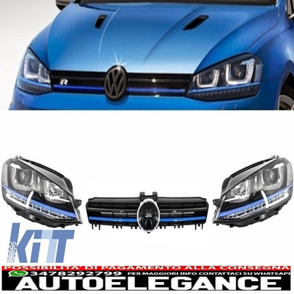 3d led headlight assembly drl turn signal with grille suitable for vw golf 7 vii (2012-2017) blue gte look 