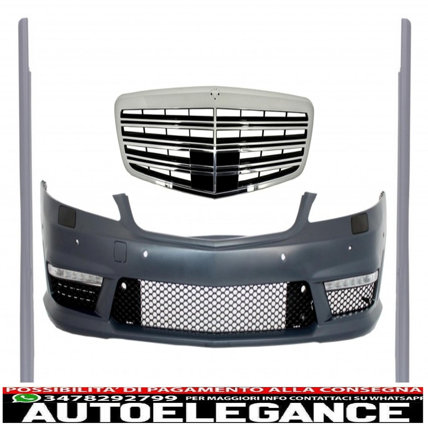 gruppo completo paraurti anteriore con griglia centrale adatto per mercedes classe s w221 (2005-2010) s63 s65 design e minigonne laterali versione corta