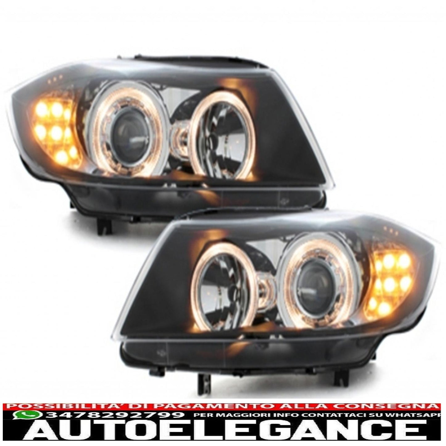 angel eye led headlights suitable for bmw 3 series e90 sedan e91 touring (03.2005-08.2008) 2 black halo rims 