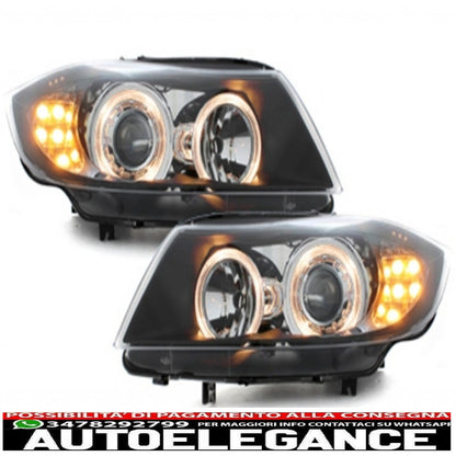 angel eye led headlights suitable for bmw 3 series e90 sedan e91 touring (03.2005-08.2008) 2 black halo rims 