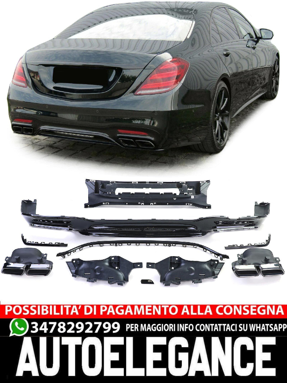Diffusore posteriore sportivo con doppi terminali di scarico nero compatibile per Mercedes Classe S W222 17-20