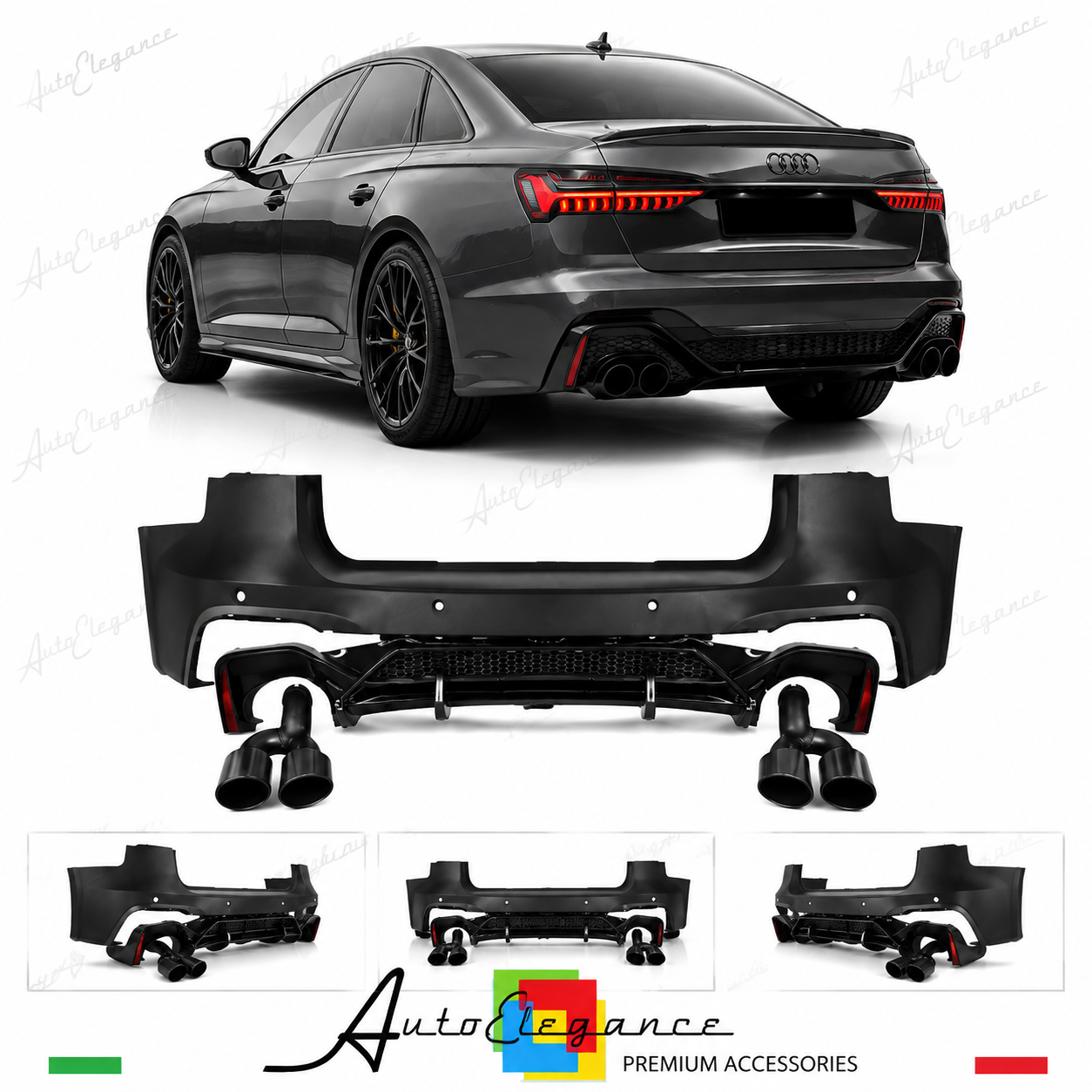 PARAURTI POSTERIORE AUDI A6 SEDAN 18-24 LOOK RS6 ABT TERMINALI NERO LUCIDO