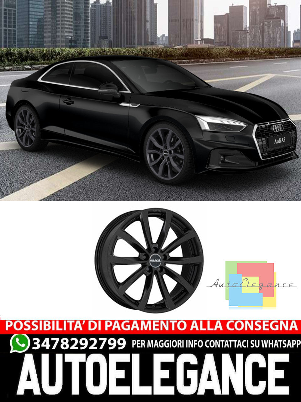 CERCHI CERCHIO IN LEGA 17" 18" 19" 20" Adatto per AUDI A5 MAK WOLF NERO LUCIDO