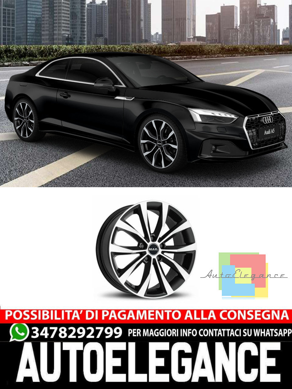 CERCHI CERCHIO IN LEGA 17" 18" 19" 20" Adatto per AUDI A5 MAK WOLF NERO LUCIDO