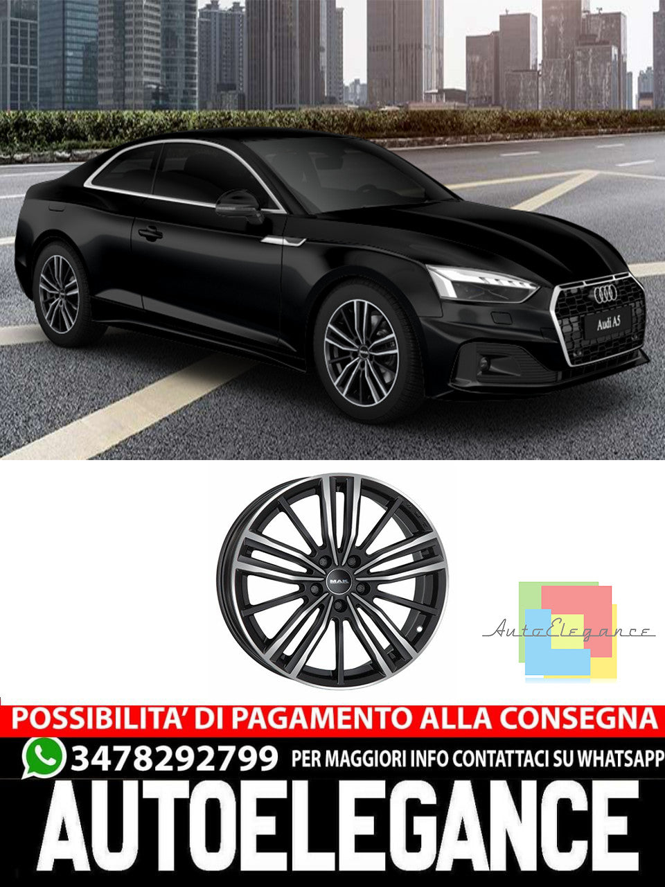CERCHI CERCHIO IN LEGA 17" 18" Adatto per AUDI A5 MAK VIER NERO LUCIDO