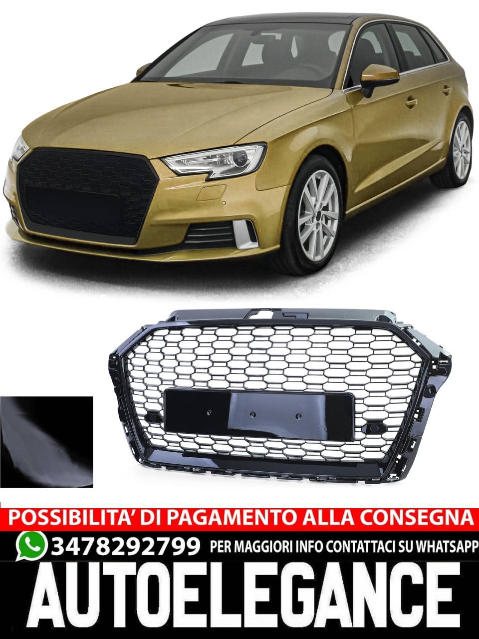 Griglia radiatore sportiva a nido d'ape nera lucida Audi A3 8V 16-20 senza ACC