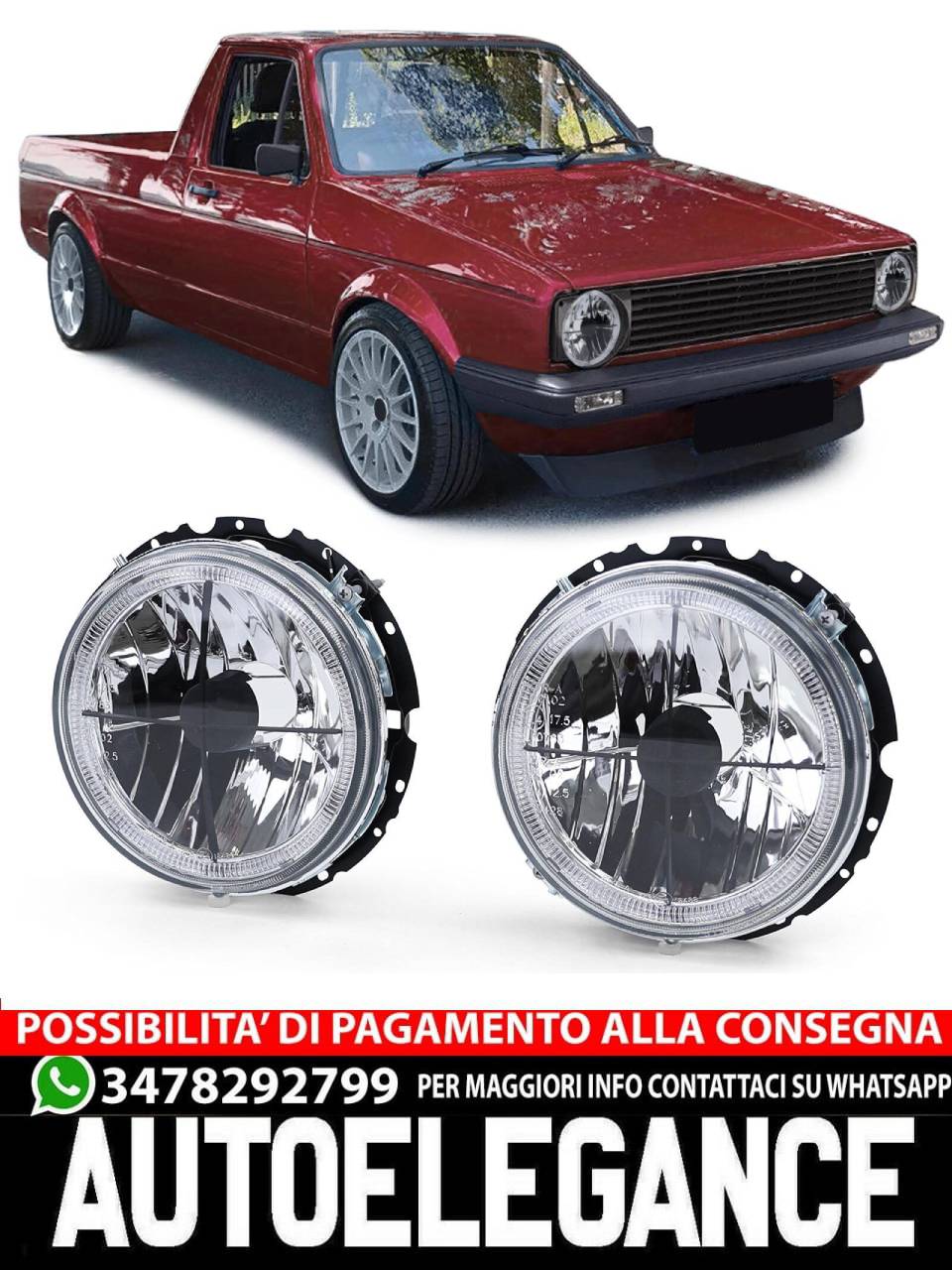 Mirino fari angel eyes in vetro trasparente per VW Caddy I 82-92 + Jetta I 79-84