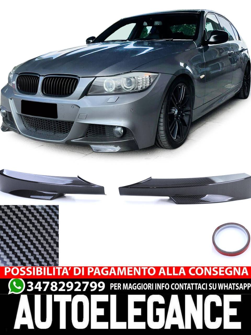 Spoiler anteriore angoli flap splitter carbon look per BMW Serie 3 E90 E91 08-12