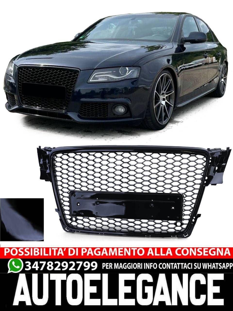 Griglia radiatore sport a nido d'ape senza emblema nero lucido per Audi A4