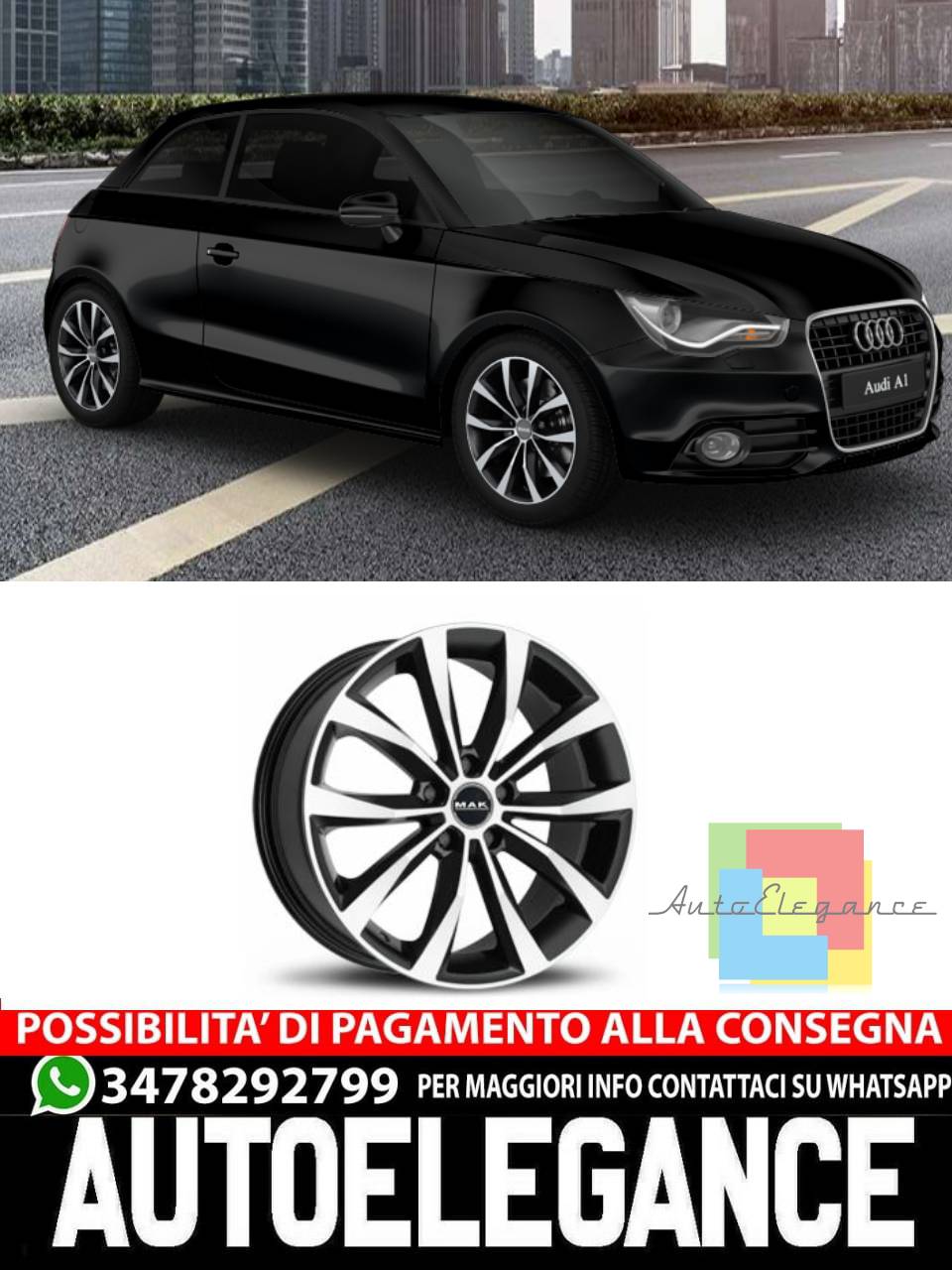 CERCHI CERCHIO IN LEGA 17" 18" Adatto per AUDI A1 MAK WOLF NERO SILVER