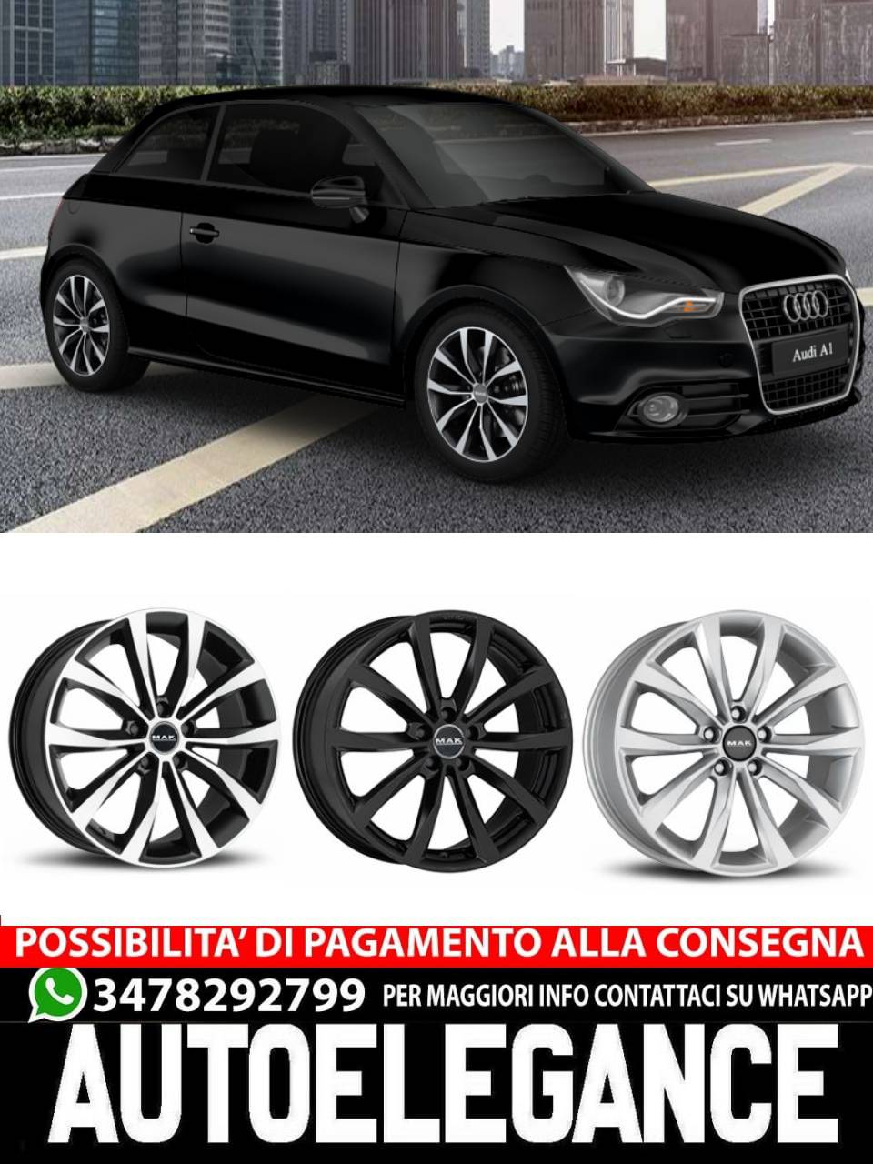 CERCHI CERCHIO IN LEGA 17" 18" Adatto per AUDI A1 MAK WOLF NERO SILVER