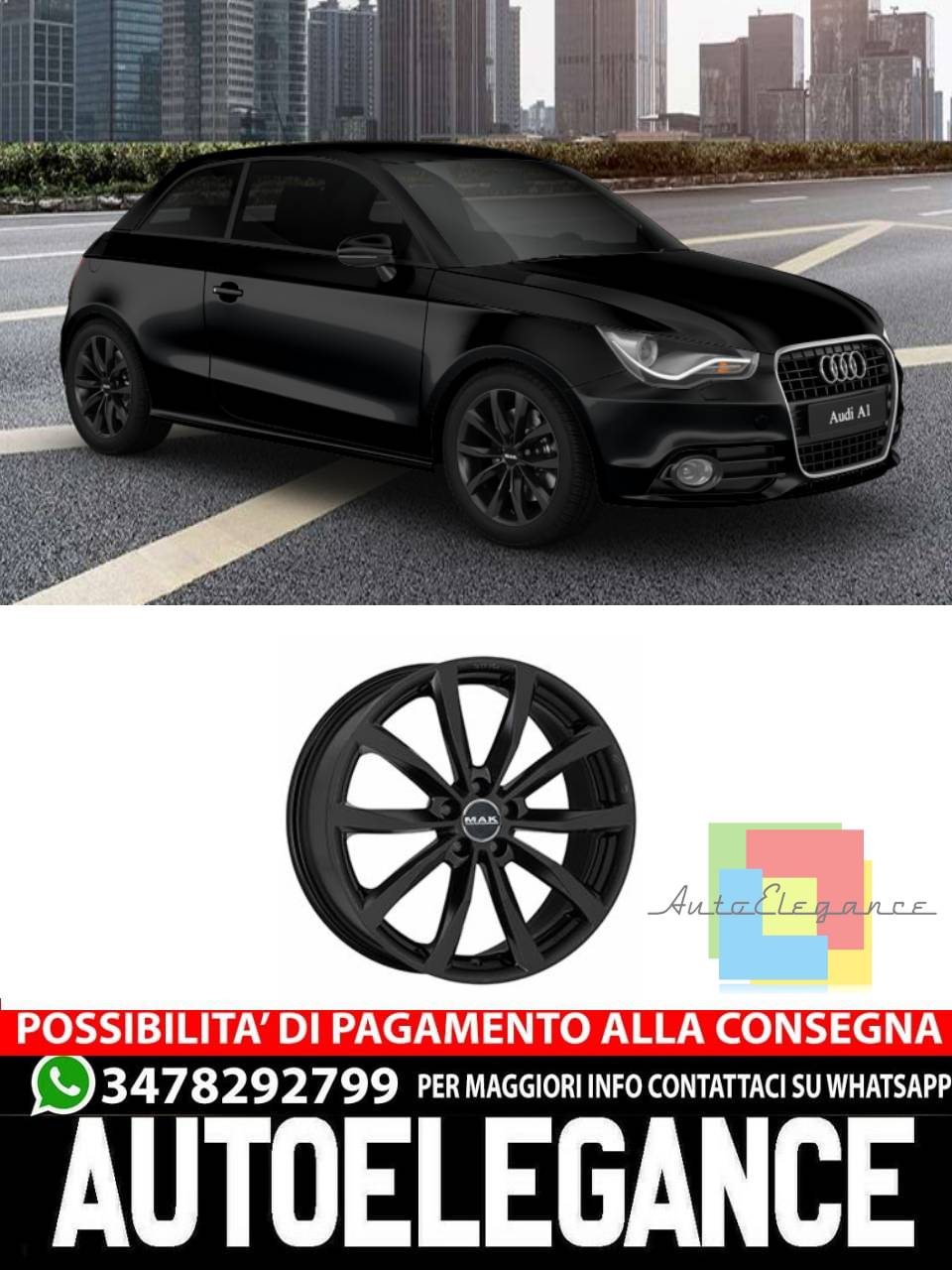 CERCHI CERCHIO IN LEGA 17" 18" Adatto per AUDI A1 MAK WOLF NERO SILVER