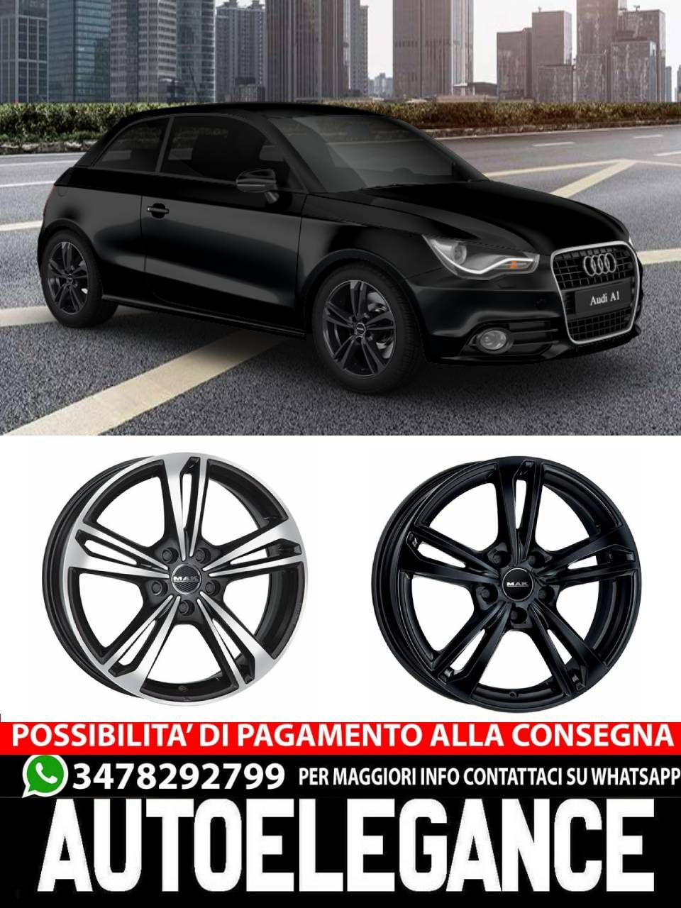 CERCHI CERCHIO IN LEGA 15" 17" Adatto per AUDI A1 MAK EMBLEMA NERO, NERO LUCIDO