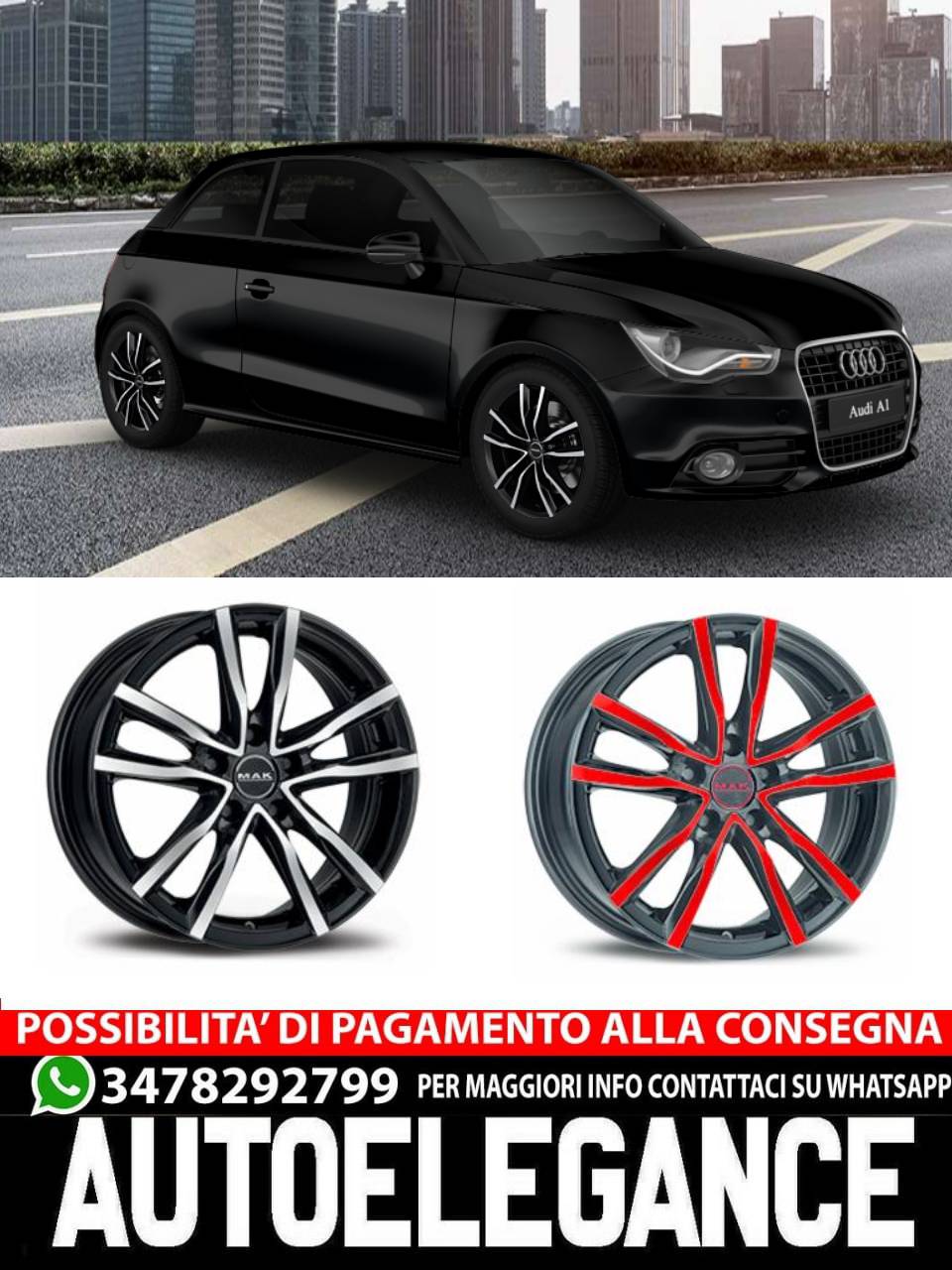 CERCHI CERCHIO IN LEGA 15" 17" Adatto per AUDI A1 MAK MILANO NERO ROSSO
