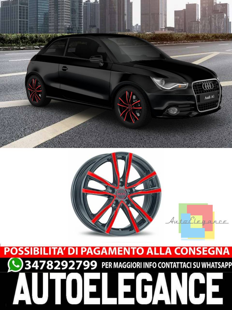 CERCHI CERCHIO IN LEGA 15" 17" Adatto per AUDI A1 MAK MILANO NERO ROSSO