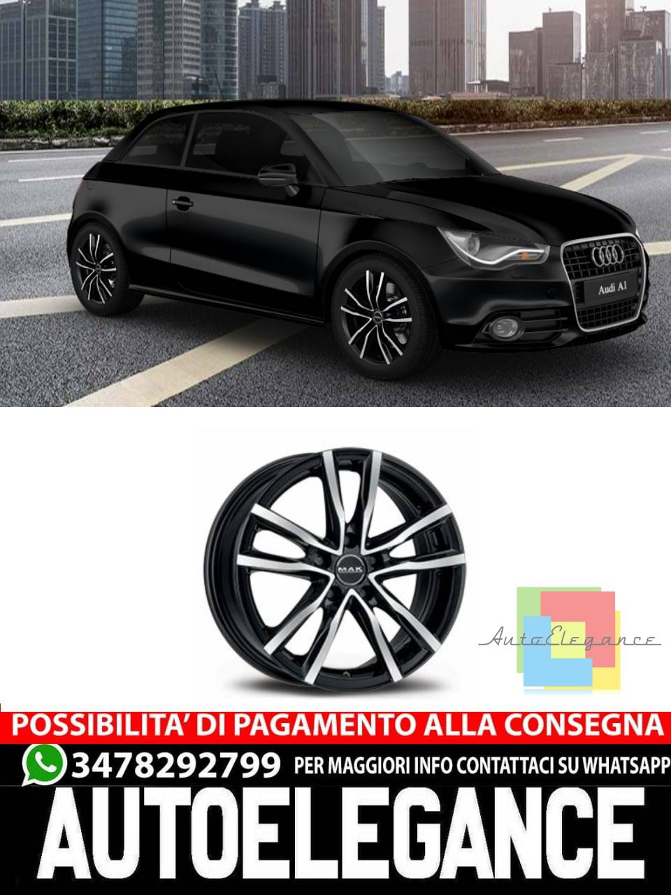 CERCHI CERCHIO IN LEGA 15" 17" Adatto per AUDI A1 MAK MILANO NERO ROSSO
