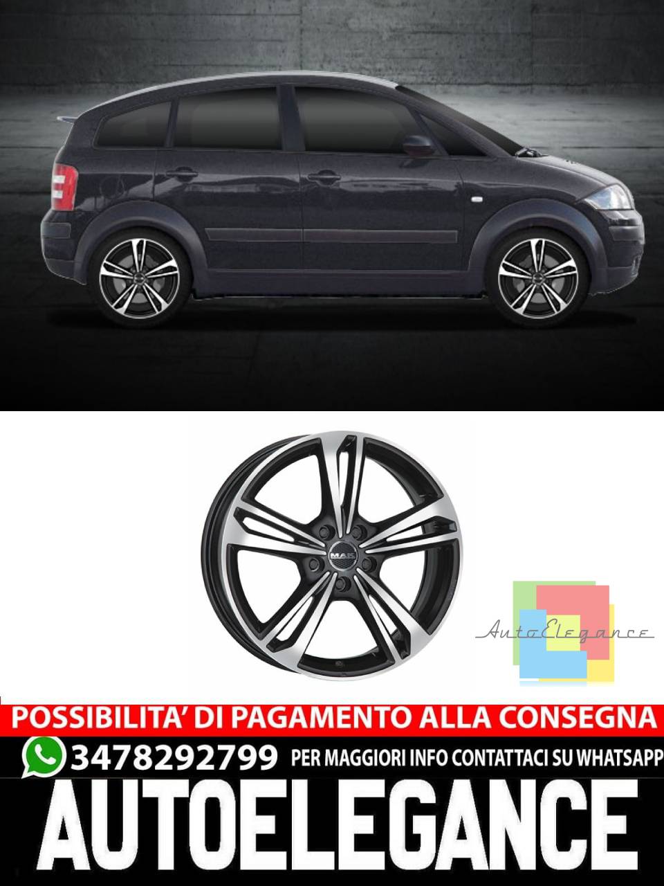 CERCHI CERCHIO IN LEGA 16" Adatto per AUDI A2 MAK EMBLEMA NERO, NERO OPACO