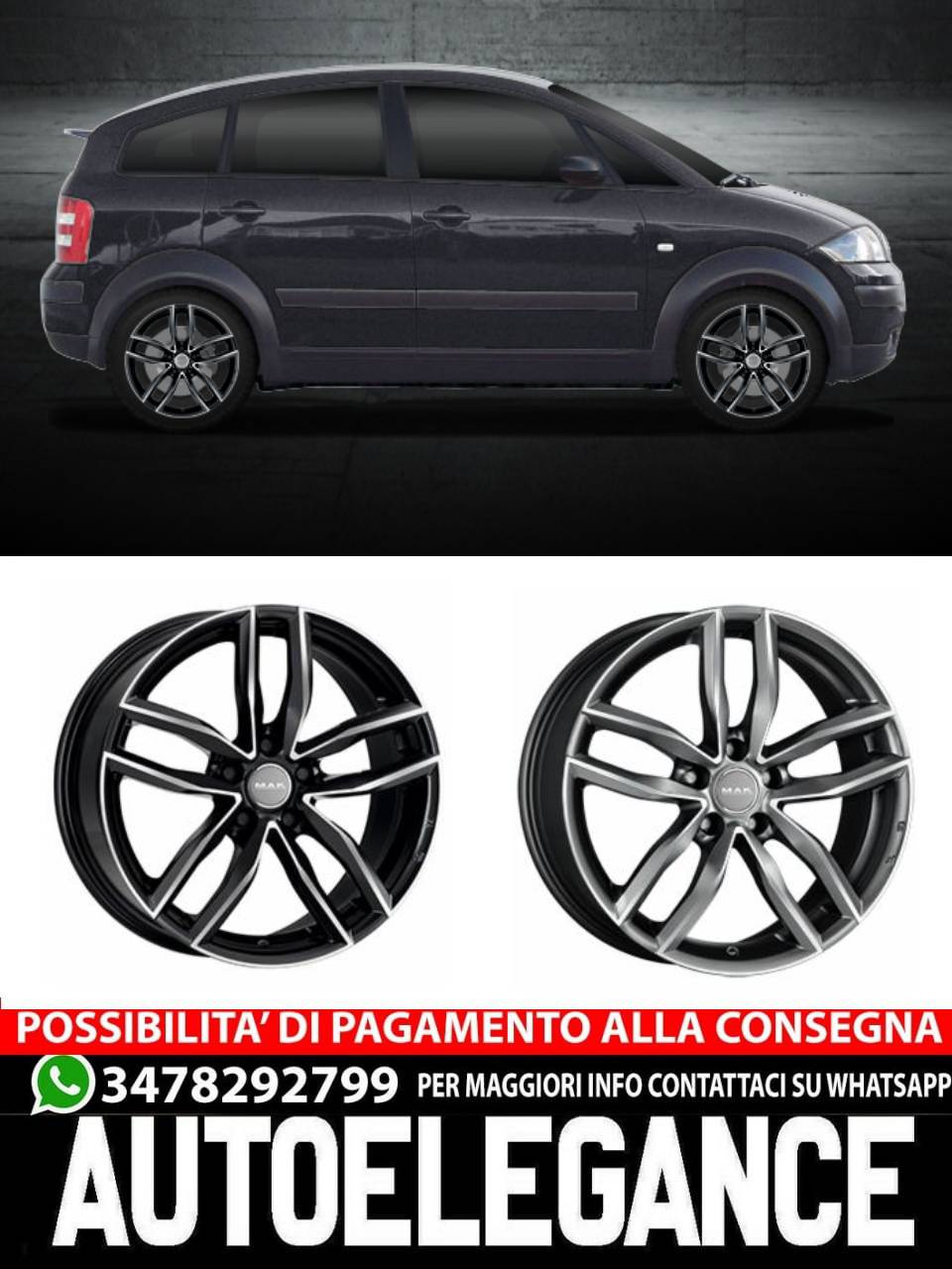 CERCHI CERCHIO IN LEGA 16" Adatto per AUDI A2 MAK SARTHE W NERO, SILVER