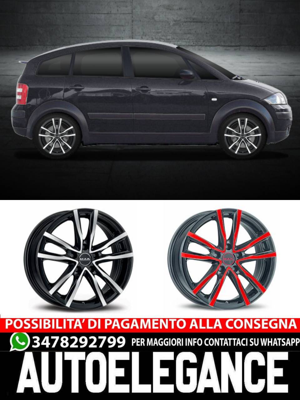 CERCHI CERCHIO IN LEGA 16" Adatto per AUDI A2 MAK MILANO NERO, ROSSO NERO