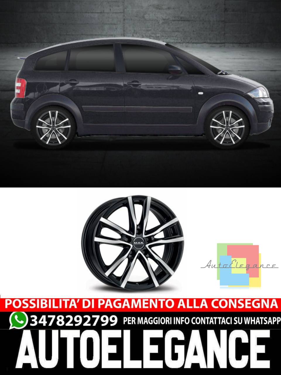 CERCHI CERCHIO IN LEGA 16" Adatto per AUDI A2 MAK MILANO NERO, ROSSO NERO
