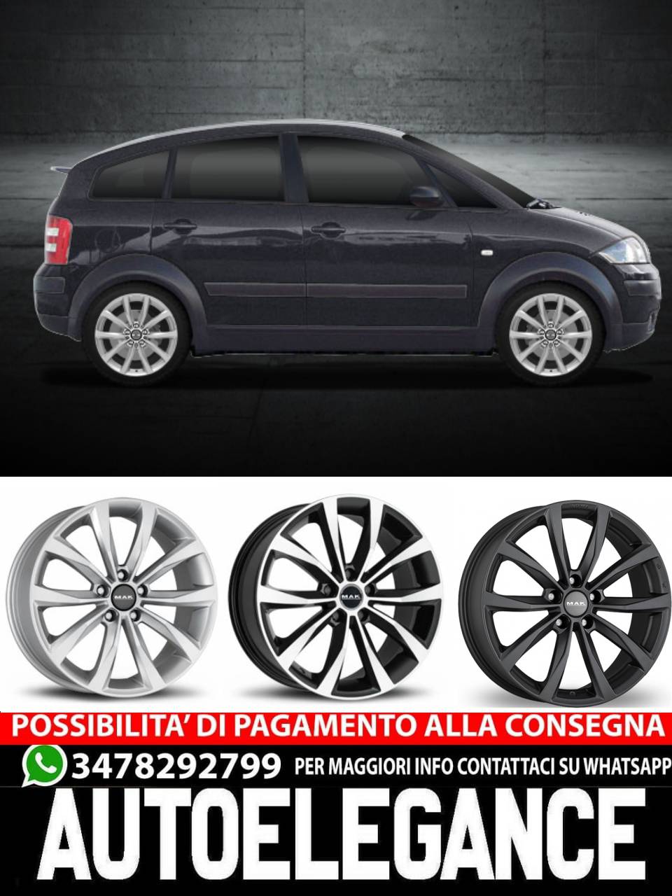 CERCHI CERCHIO IN LEGA 16" Adatto per AUDI A2 MAK WOLF NERO, SILVER, NERO LUCIDO