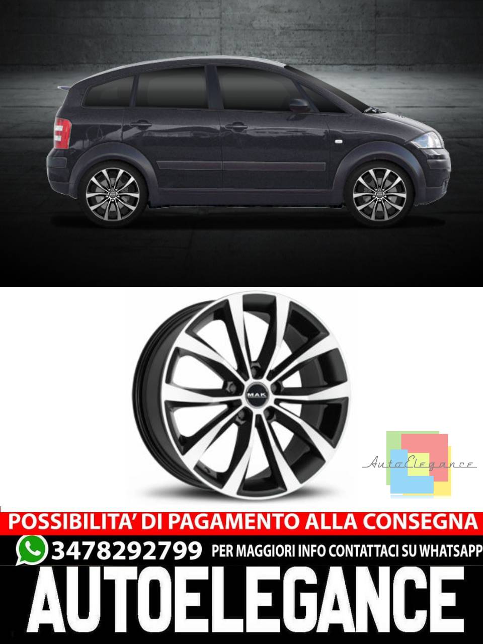 CERCHI CERCHIO IN LEGA 16" Adatto per AUDI A2 MAK WOLF NERO, SILVER, NERO LUCIDO