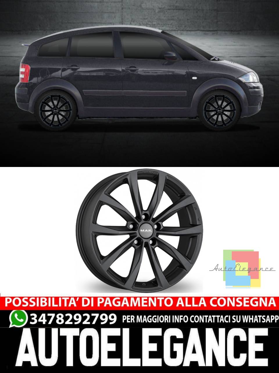 CERCHI CERCHIO IN LEGA 16" Adatto per AUDI A2 MAK WOLF NERO, SILVER, NERO LUCIDO