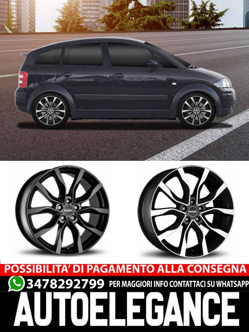 CERCHI CERCHIO IN LEGA 16" Adatto per AUDI A2 MAK KOLN W NERO, NERO LUCIDO
