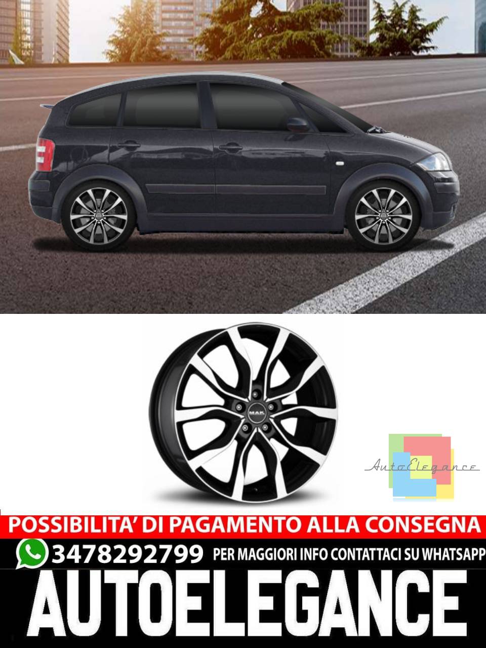 CERCHI CERCHIO IN LEGA 16" Adatto per AUDI A2 MAK KOLN W NERO, NERO LUCIDO