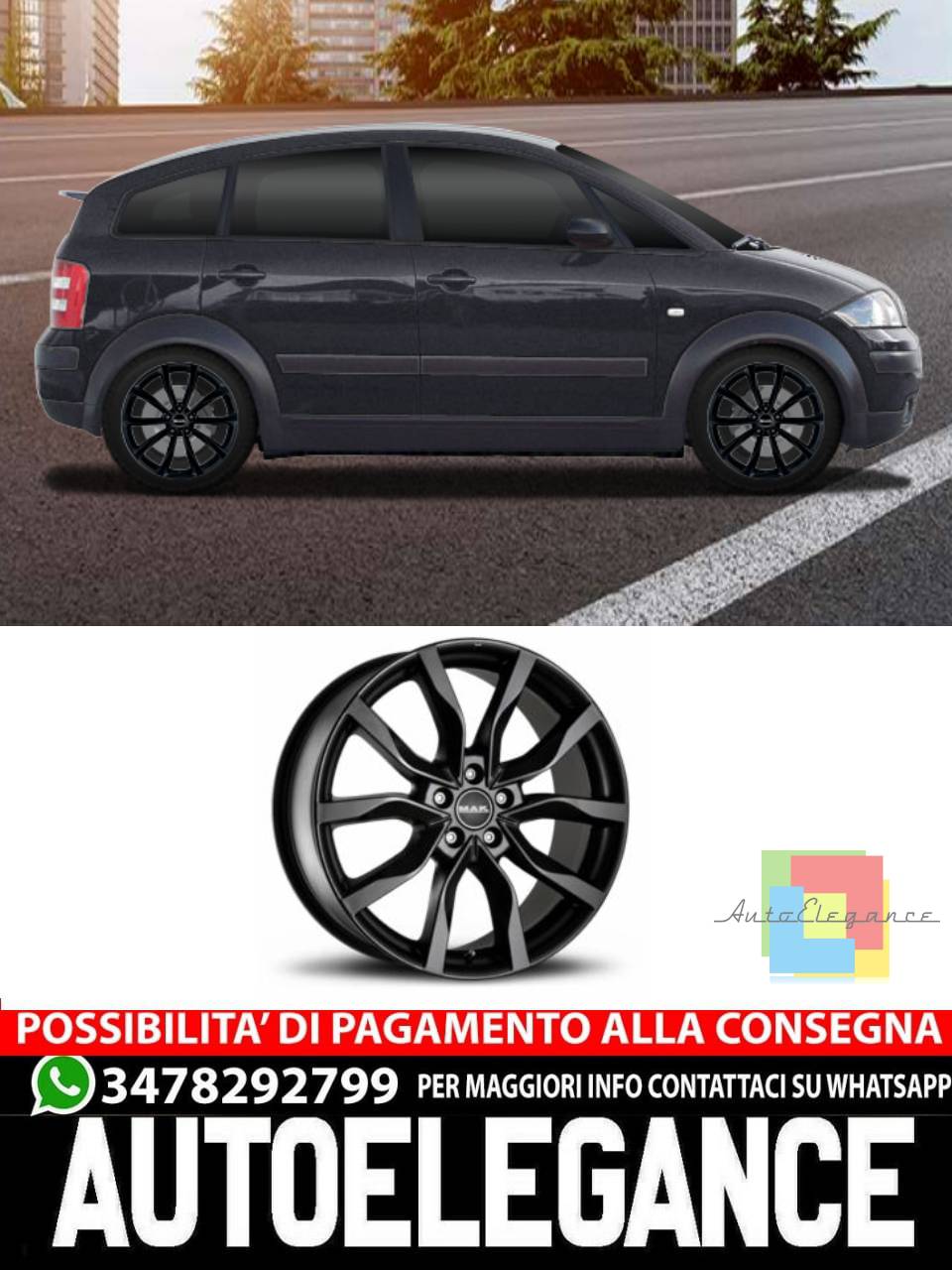 CERCHI CERCHIO IN LEGA 16" Adatto per AUDI A2 MAK KOLN W NERO, NERO LUCIDO