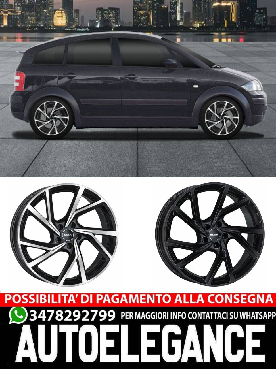 CERCHI CERCHIO IN LEGA 16" Adatto per AUDI A2 MAK KASSEL NERO, NERO LUCIDO
