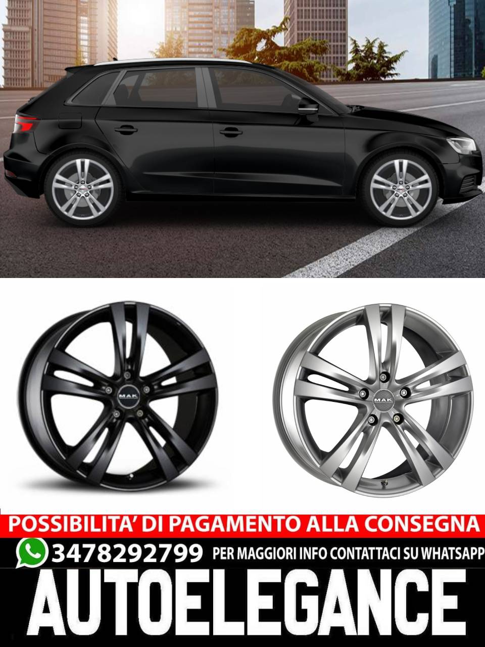 CERCHI CERCHIO IN LEGA 16" Adatto per AUDI A3 MAK ZENITH NERO, SILVER